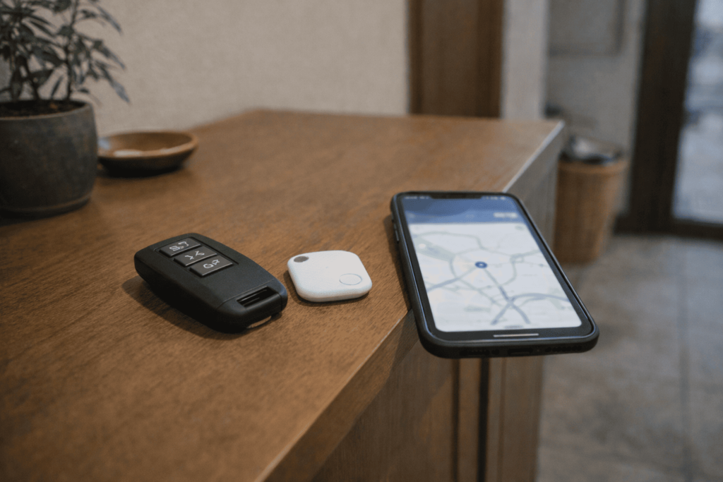 車のスマートキーとスマートタグを並べて置いた紛失防止対策のイメージ