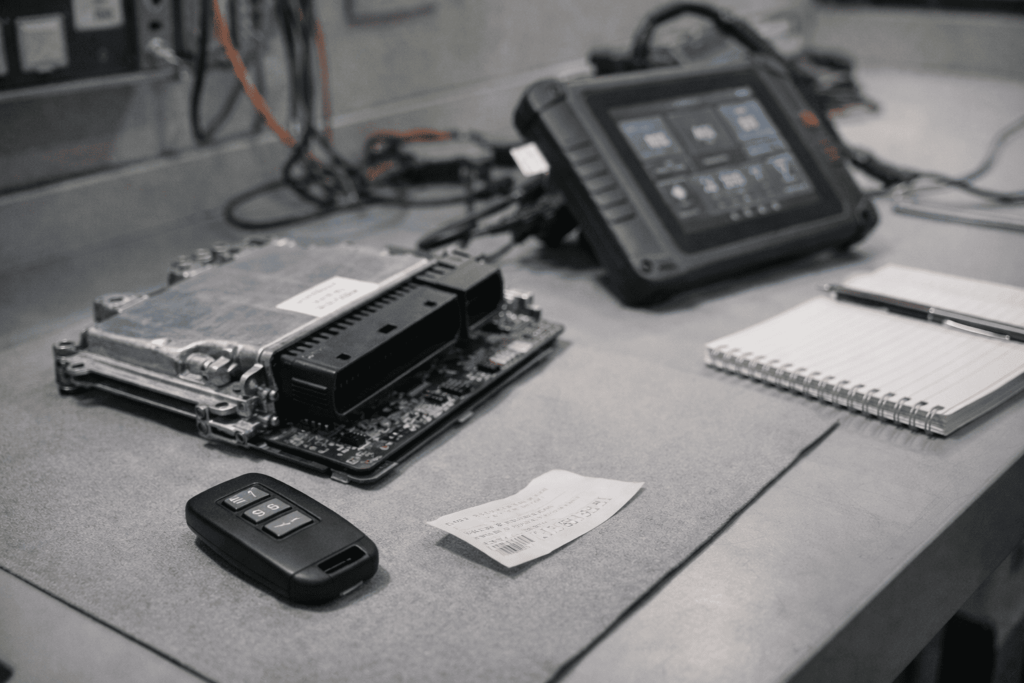 スマートキーと電子機器が整然と置かれた自動車鍵の専門作業イメージ