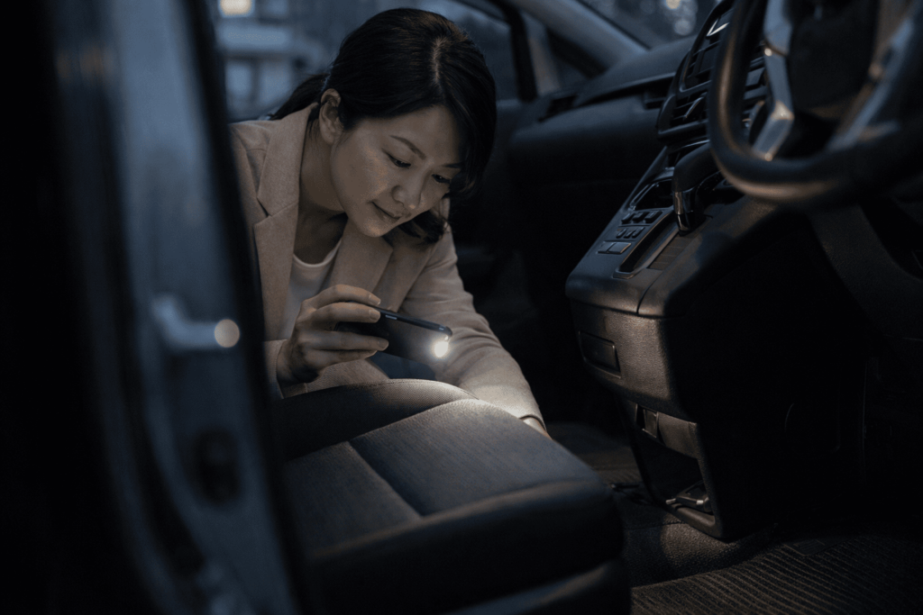 車内の足元やシート横をスマートフォンのライトで確認する日本人女性