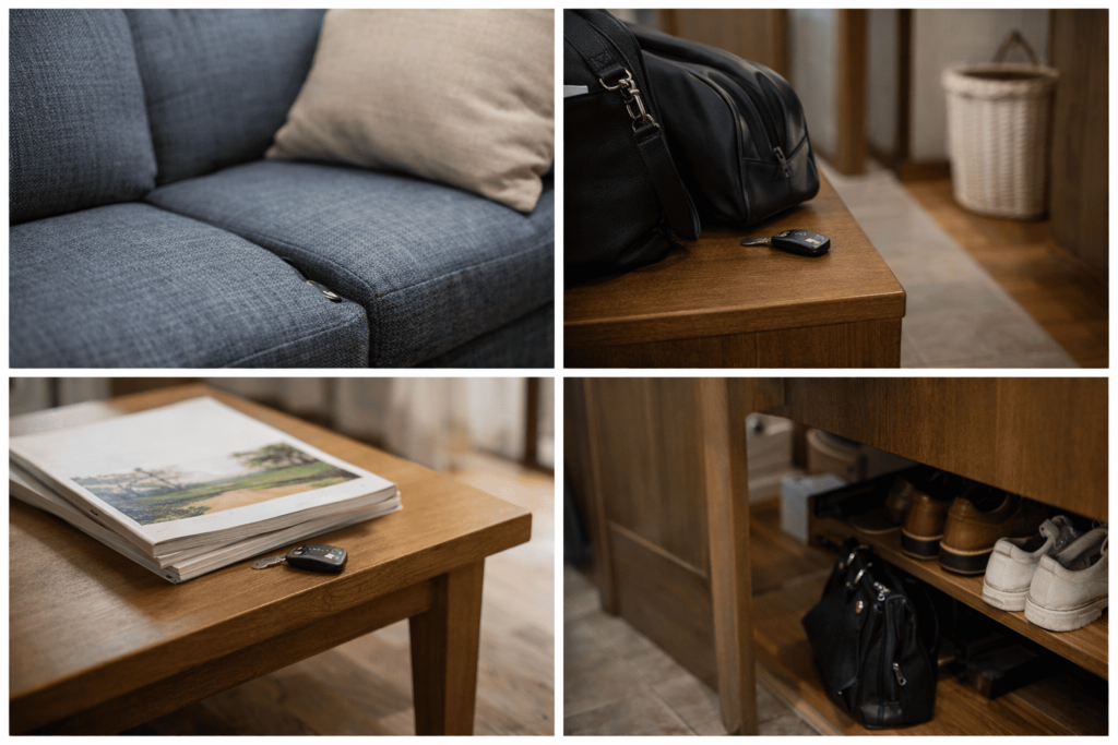 車の鍵を見落としやすいソファの隙間や雑誌の下など家の中の死角を表した室内風景