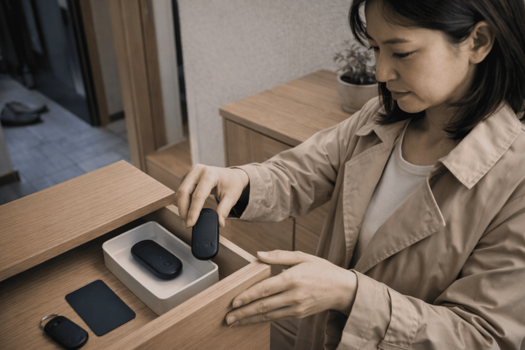 日本人女性がスマートキーと代替解錠手段を整理し、安全な運用を実践しているイメージ