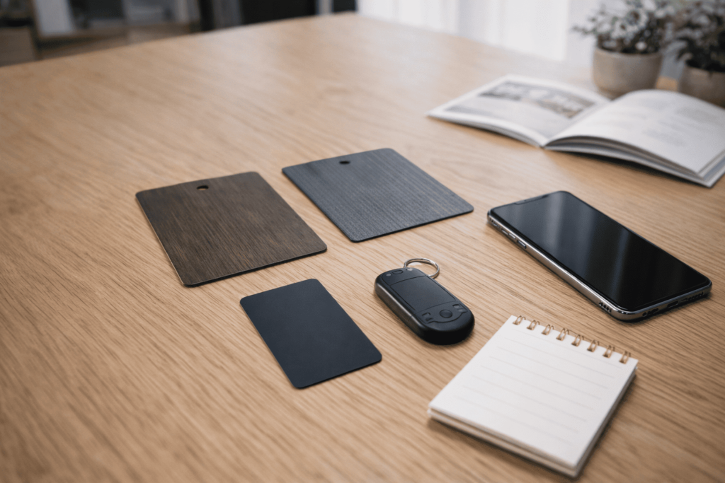 玄関設備の比較検討を連想させるキー類とスマートフォンが並んだイメージ