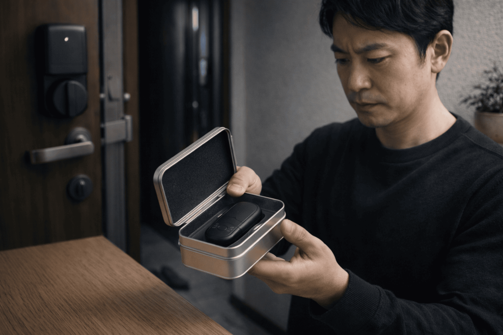 日本人男性がスマートキーを電波遮断ケースに入れて保管し、防犯対策をしているイメージ