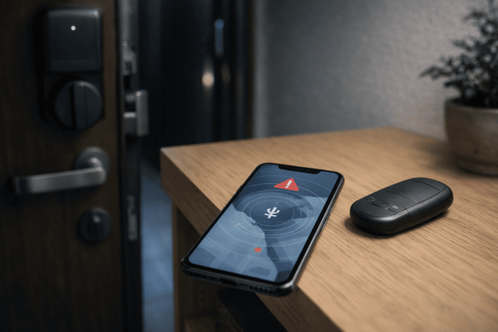 スマートフォンとスマートキーが並び、通信エラーによる誤解錠の仕組みを示すイメージ