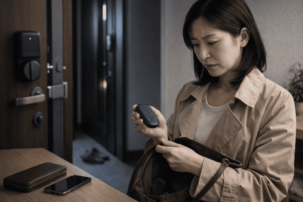 バッグ内のスマートキーを確認する日本人女性が、物理的な誤作動リスクを見直しているイメージ